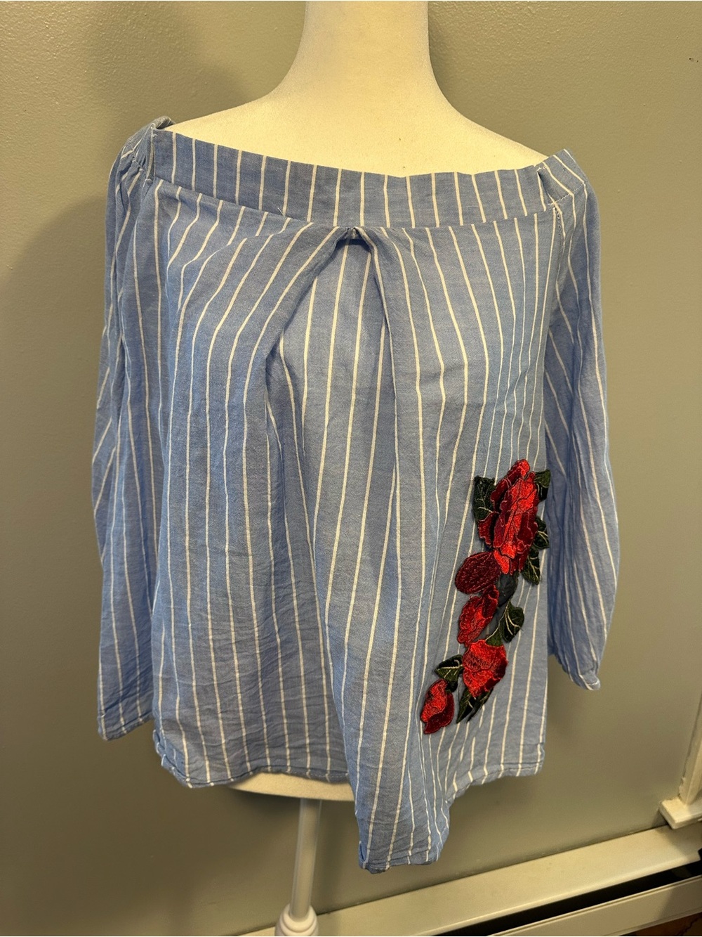 Striped Blue Off-Shoulder Top with Red Rose Appliqué